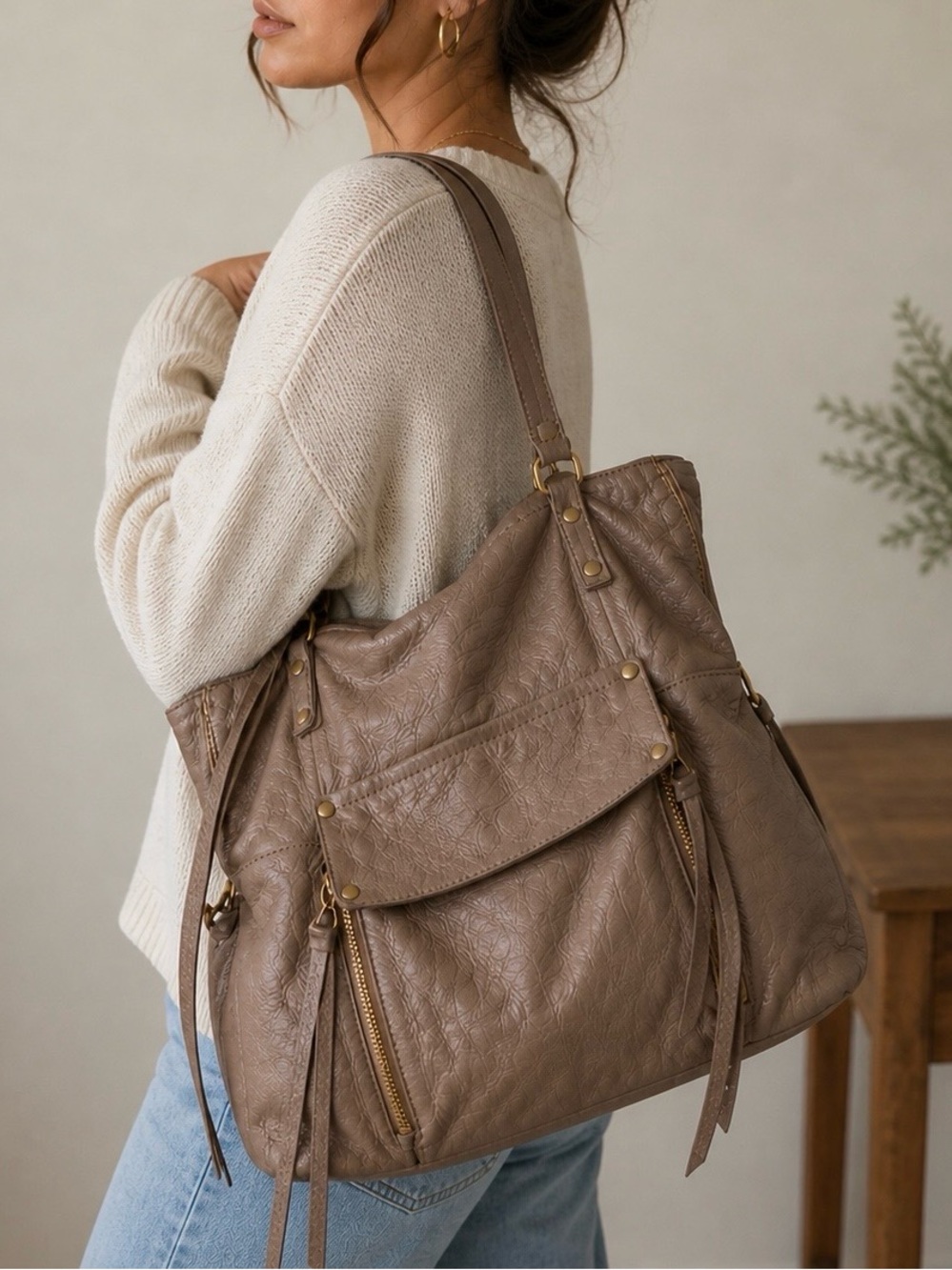 Kooba Taupe Pebbled Leather Shoulder Bag Large Slouchy Tote Gold Hardware